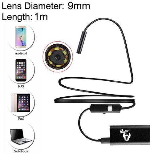 (#60) 2.0MP HD Camera 30m Wireless Distance Metal WiFi Box Waterproof Endoscope Tube Inspection Camera for Android & iOS, Length: 1m, Lens Diameter: 9mm(Black)