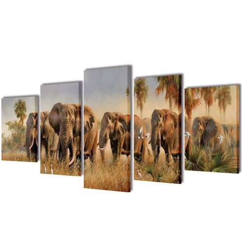 vidaXL Set de 5 toiles murales imprimées Éléphants 100 x 50 cm Toile décorative
