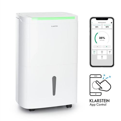 Blumfeldt Déshumidificateur - Klarstein Dryfy Connect 50 - Purificateur D'Air - 50L/J - WiFi - Minuterie - Blanc