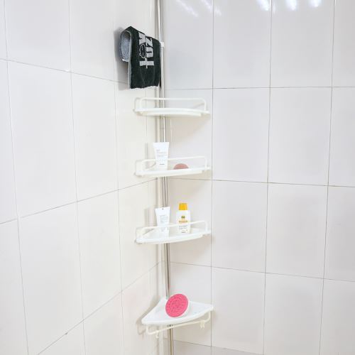 120-300 cm Etagère d'angle télescopique Plateau salle de bains avec 4 tablettes et crochets-Blanc
