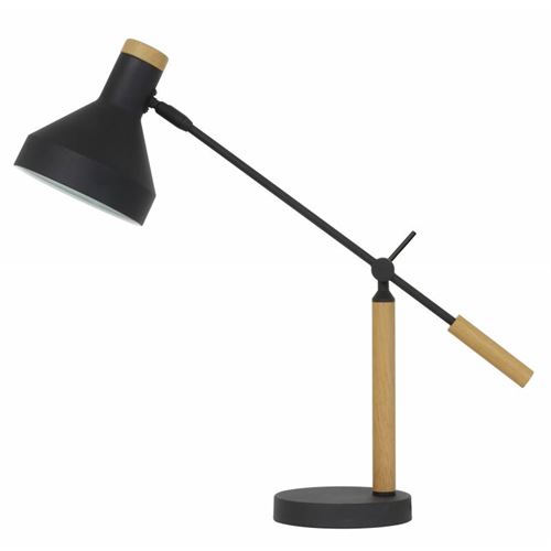 Luminaire de Bureau TIFFIN Lampe d'Appoint à Poser Eclairage d'Architecte Abat Jour Bois et Métal de Couleur Noire 15x63x70cm