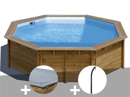 Kit piscine bois Gré Violette Ø 5,00 x 1,27 m + Bâche hiver + Douche