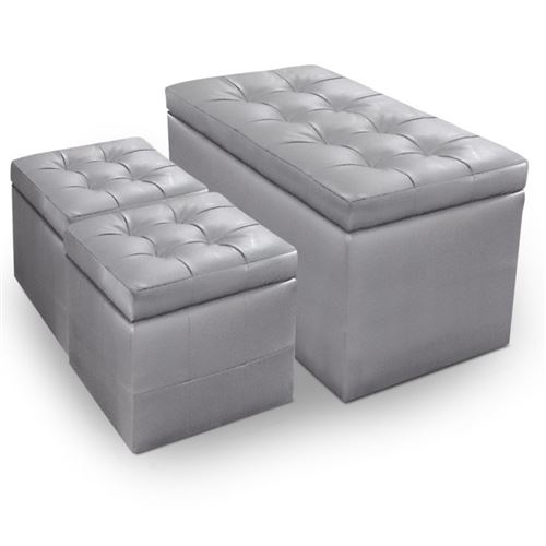 Paris Prix - Banquette Coffre & 2 Poufs henriette 85cm Argent