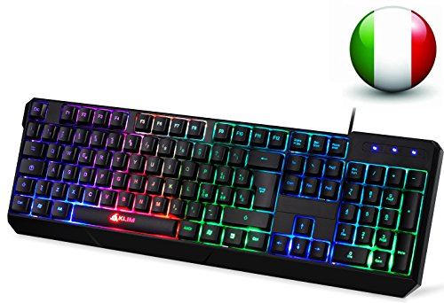 KLIM Clavier Gamers QWERTY Italie Filaire USB Haute Performance [ Version 2018 ] Éclairé tique Gaming Noir RGB PC