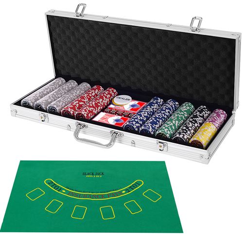 Mallette de Poker 500 GIANTEX 5 Dés,3 Boutons, 1 Tapis en Feutre Coffret Professionnelle, Jetons 2 Jeux de Cartes,Etui en Aluminium