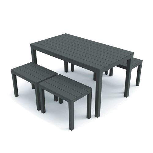 Ensemble de jardin table avec 4 tabouret d'extérieur en polypropylène coloris gris - Longueur 138/60 x Profondeur 78/38 x Hauteur 72/45 cm -JUANIO-