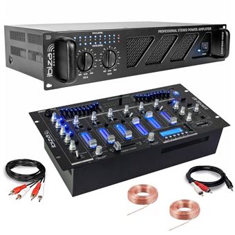 Pack DJ Sono Ampli Ibiza Sound AMP800-MKII 960W - Table Mixage Bluetooth DJM102-BT USB Jack XLR - Câbles RCA Jack enceintes inclus - 1