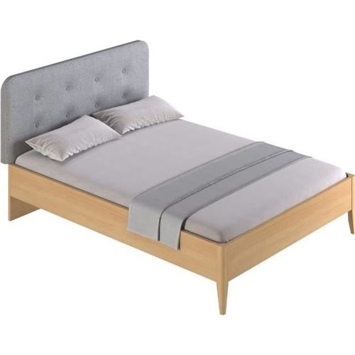Lit adulte avec tete de lit tissu capitonnée - 140x190 cm - Hetre massif/mélamine- EVA