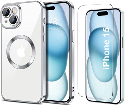 Coque Silicone Pour iPhone 15 Couleur Argent Compatible Magsafe + Verre Trempe Protection Ecran Little Boutik®