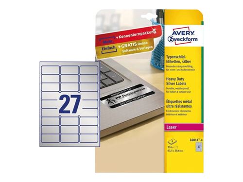 Avery Zweckform Heavy Duty L6011 - Polyester - mat - permanente kleeflaag - zilver - 63.5 x 29.6 mm - 78 g/m² - 216 etiket(ten) (8 vel(len) x 27) etiketten