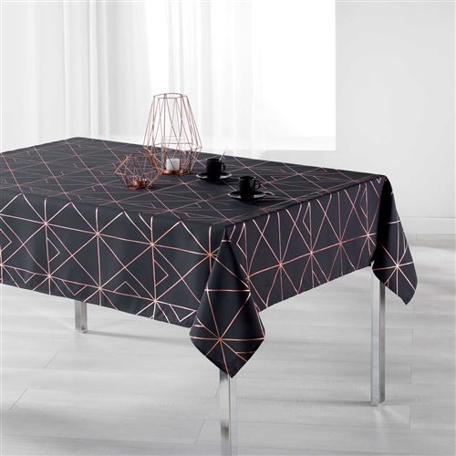 Nappe rectangle 150 x 300 cm polyester imp metallise quadris Anthracite/Or rose