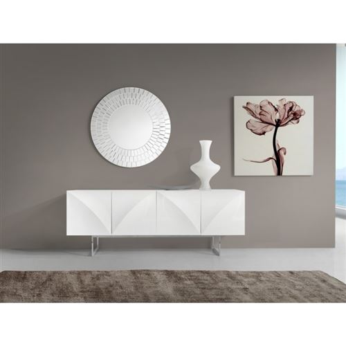 Buffet 4 portes en bois laqué blanc brillant effet 3D BROMELA