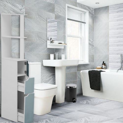 Colonne de salle de bain - CARINDA - 136 cm - bleu - 2 tiroirs - 1 rangement fermé - 3 étagères