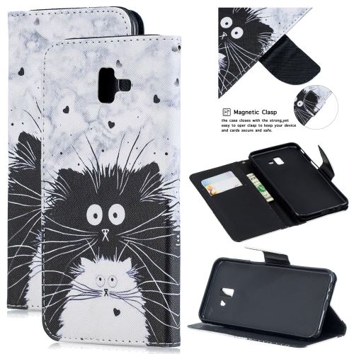 Etui en PU impression de motifs avec support chat noir et blanc pour votre Samsung Galaxy J6 Plus