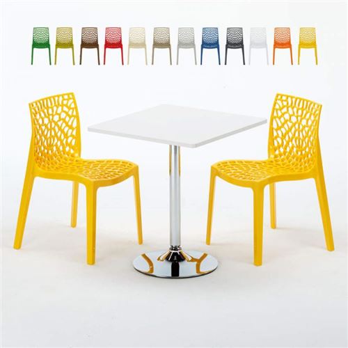 Table Carrée Blanche 70x70cm Avec 2 Chaises Colorées Grand Soleil Set Intérieur Bar Café Gruvyer Cocktail, Couleur: Jaune