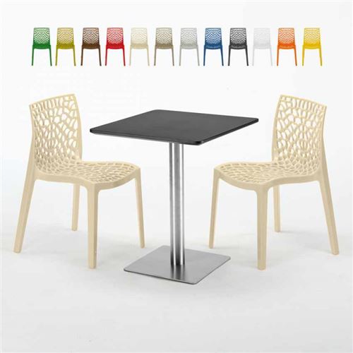 Table carrée 60x60 pied acier et plateau noir avec 2 chaises colorées Gruvyer Pistachio, Couleur: Beige