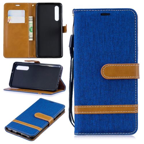 Etui en PU jean bicolore en tissu flip bleu clair pour votre Huawei P30