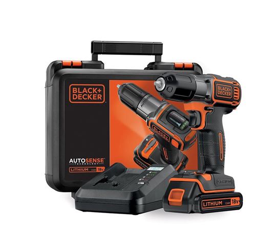 Black+Decker Perceuse Sans Fil Autosense 16/28 Nm - Avec 1 Batterie 18V 1,5Ah - Chargeur - Coffret - Asd18k-Qw