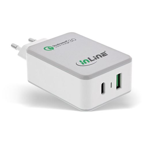 Adaptateur secteur USB InLine® Quick Charge 3.0, chargeur, USB-A + USB Type-C, 30W, blanc