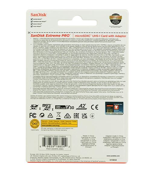 Carte mémoire Micro SD Sandisk Extreme 256Go U3 + Adaptateur - La