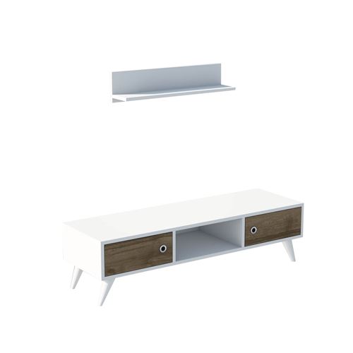 Meuble TV avec étagère Aspen - 130 x 35 cm - Blanc et marron