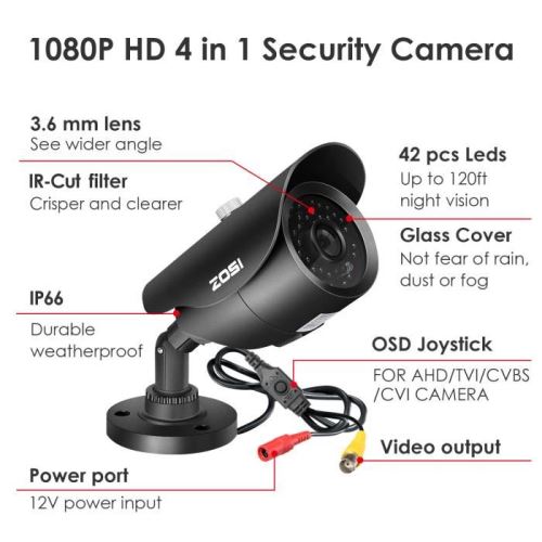 ZOSI 1080P Caméra de Surveillance Extérieure 40mètres Vision Nocturne 42PCS LEDs Infrarouge IP67 Caméra pour Kit Vidéo Surveillance CCTV 
