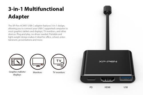 Adaptateur XP-PEN ACW01 USB-C vers USB 3.0, HDMI 4K, PD, pour