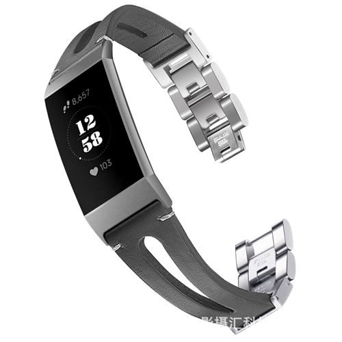 Bracelet en cuir élégant pour Fitbit Charge3 / Charge4 - Noir (Taille L)