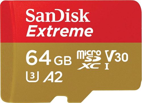 Carte Mémoire microSDXC SanDisk Extreme 64 Go + Adaptateur SD avec Performances Applicatives A2 jusqu'à 160 Mo/s, Classe 10, U3, V30