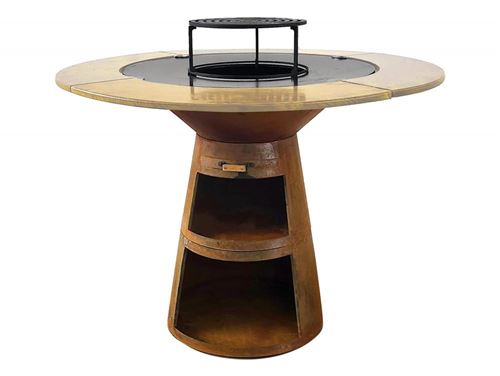 Barbecue rond avec plaque de cuisson et de gril en acier et planche en bois PURLINE EFP59CO WOOD Marron