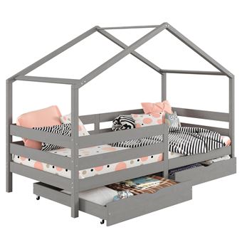 Lit cabane ENA avec tiroirs, 90 x 190 cm en pin massif lasuré gris - 1
