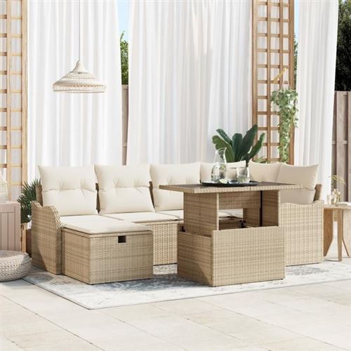 Vidaxl Beige Ensemble De Canapés De Jardin 7 Pièces Avec Coussins Rattan Poly, Canapé De Jardin 2 Places Avec Rangement & Coussins 3361050 - Image 2