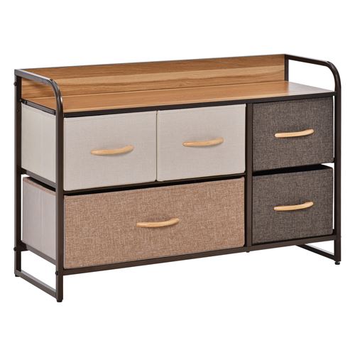 Non Communiqué Marron Commode Meuble De Rangement 5 Tiroirs En Tissu 87,5 X 29 X 58 Cm Et Beige