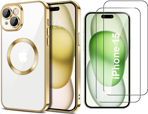 Coque Silicone Pour iPhone 15 Couleur Or Compatible Magsafe + 2 Verres Trempe Protection Ecran Little Boutik®