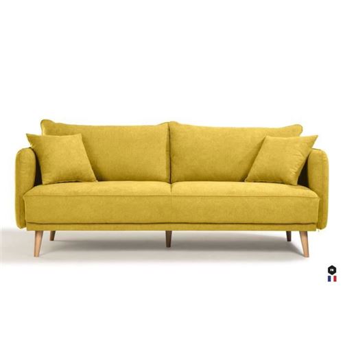 HEXAGONE - DAREN Canape Fixe 3 places - Tissu Jaune avec 2 Coussins Deco Bi-face - L 207 x P 90 x H 88 cm