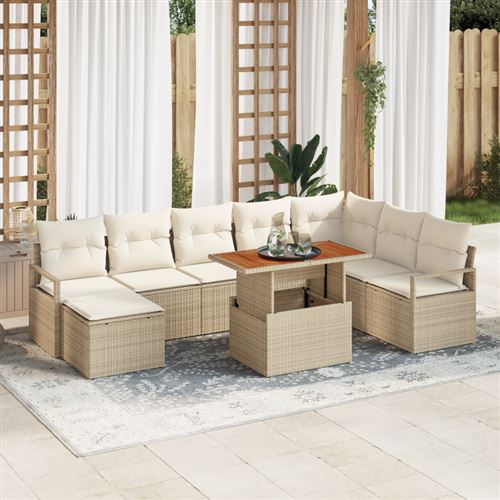 Non Communiqué Beige Ensemble De Canapés De Jardin De 9 Pièces Avec Coussins Poly Rattan Acacia, Canapé De Jardin De 2 Places Avec Coussins Be