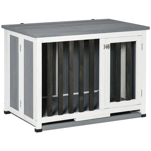 Cage pour chien animaux pliable dim. 84L x 51l x 61H cm porte verrouillable toit ouvrant plateau déjection bois sapin gris blanc noir