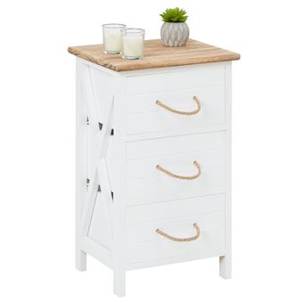 Table de chevet PERUGIA table de nuit 3 tiroirs en bois de paulownia style shabby chic vintage rustique campagnard blanc - 1