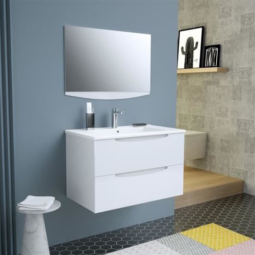 SMILE Salle de bain simple vasque + miroir L 80 cm - 2 tiroirs a fermeture ralenties - Blanc
