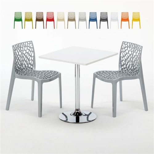 Table Carrée Blanche 70x70cm Avec 2 Chaises Colorées Grand Soleil Set Intérieur Bar Café Gruvyer Cocktail, Couleur: Gris