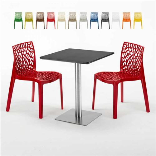 Table carrée 60x60 pied acier et plateau noir avec 2 chaises colorées Gruvyer Pistachio, Couleur: Rouge