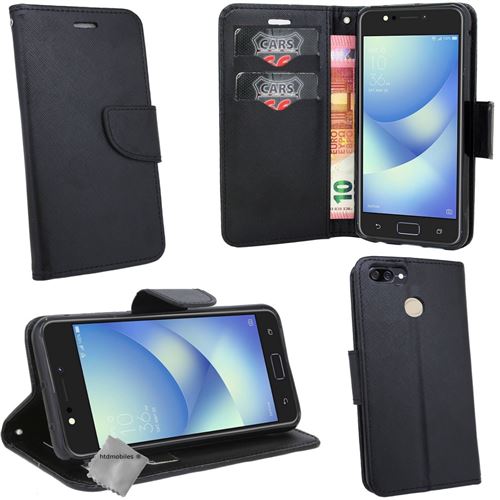 Housse etui coque pochette portefeuille pour asus zenfone max plus (m1) zb570tl + film ecran - noir / noir