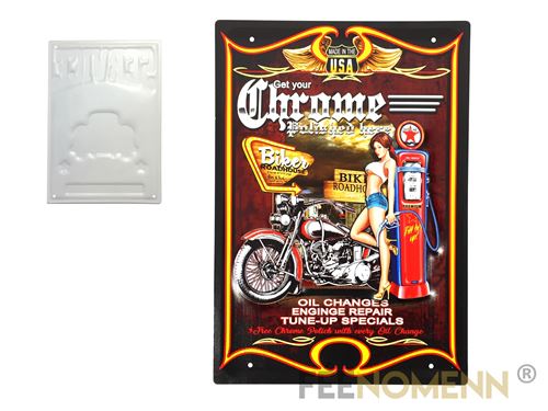 FÉENOMENN plaque métal déco vintage - effet relief - biker get your chrome - harley station (30x40cm)