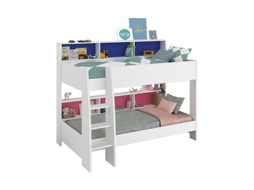 Lits superposés LENNY - 2 x 90 x 200 cm - Etagères - Fond réversible rose ou bleu