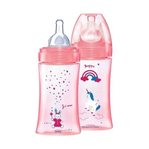 Dodie coffretx2 biberons initiation+ 270ml rose licorne 0-6 mois tétine ronde 3 vitesses débit 2