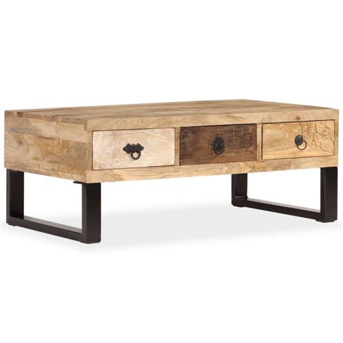 Vidaxl Bois Naturel Table Basse Avec 3 Tiroirs Bois De Manguier Massif 90X50x35 Cm