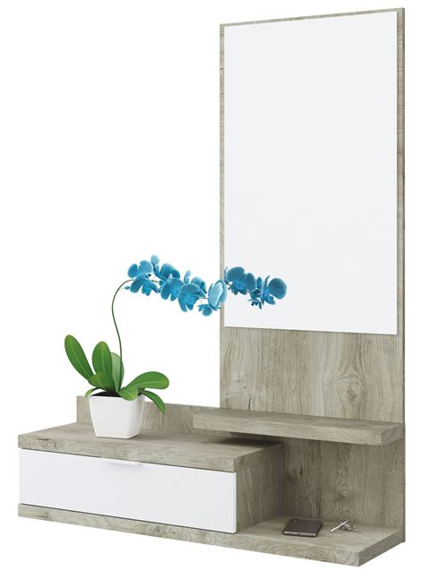 Meuble d'entrée avec miroir, coloris chêne alaska / blanc Artik - H.116 x L.81 x P.29 cm -PEGANE-