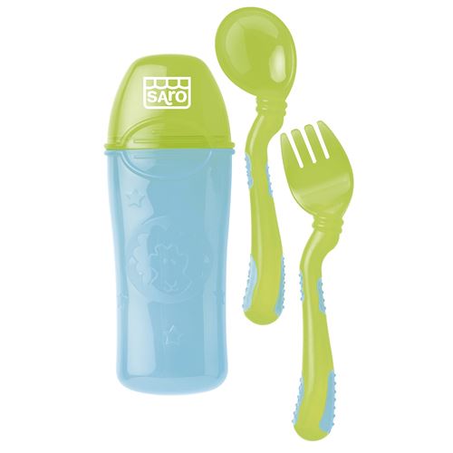 Saro fourchette et cuillère dans une boîte de rangement ergonomique vert/bleu