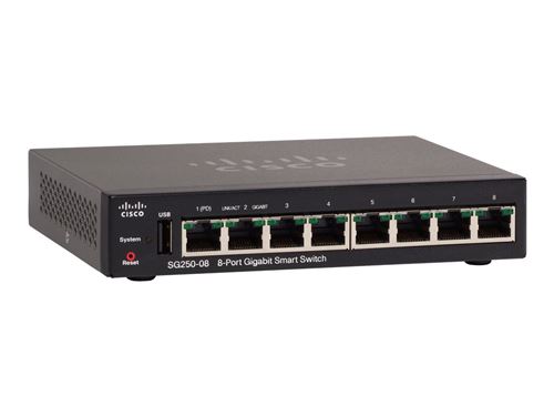 CISCO SG250-08 Géré L2/L3 Gigabit Ethernet (10/100/1000) Noir Connexion Ethernet, supportant l'alimentation via ce port (PoE)