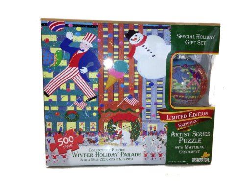 Winter Holiday Parade 500 Piece Limited Edition Keepsake Artist Series Puzzle with Matching Christmas Ornament Gift Set